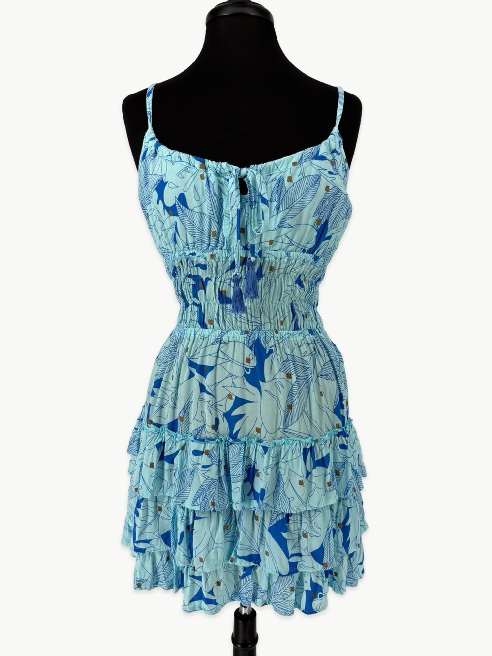 LUSANA Lindi Mini Dress Size Small Tiered Ruffle Crepe Floral Resort Vacation